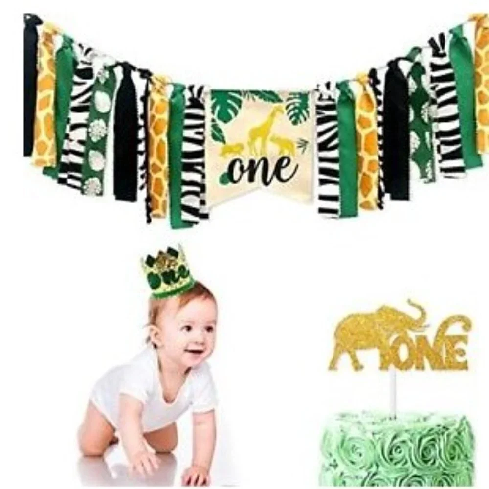 1ST BIRTHDAY PARTY FOREST JUNGLE SAFARI THEME DECORATIONS BANNER, CROWN, CAKE T